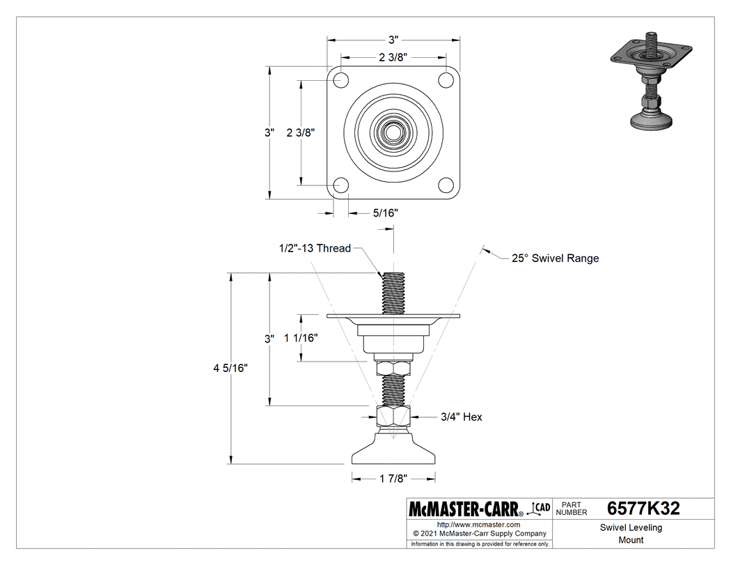 Technical Drawing of Swivel Leveling Mount, with Square Bracket, 303 Stainless Steel Base, 1/2"-13 Size 304 Stainless Steel Stud.